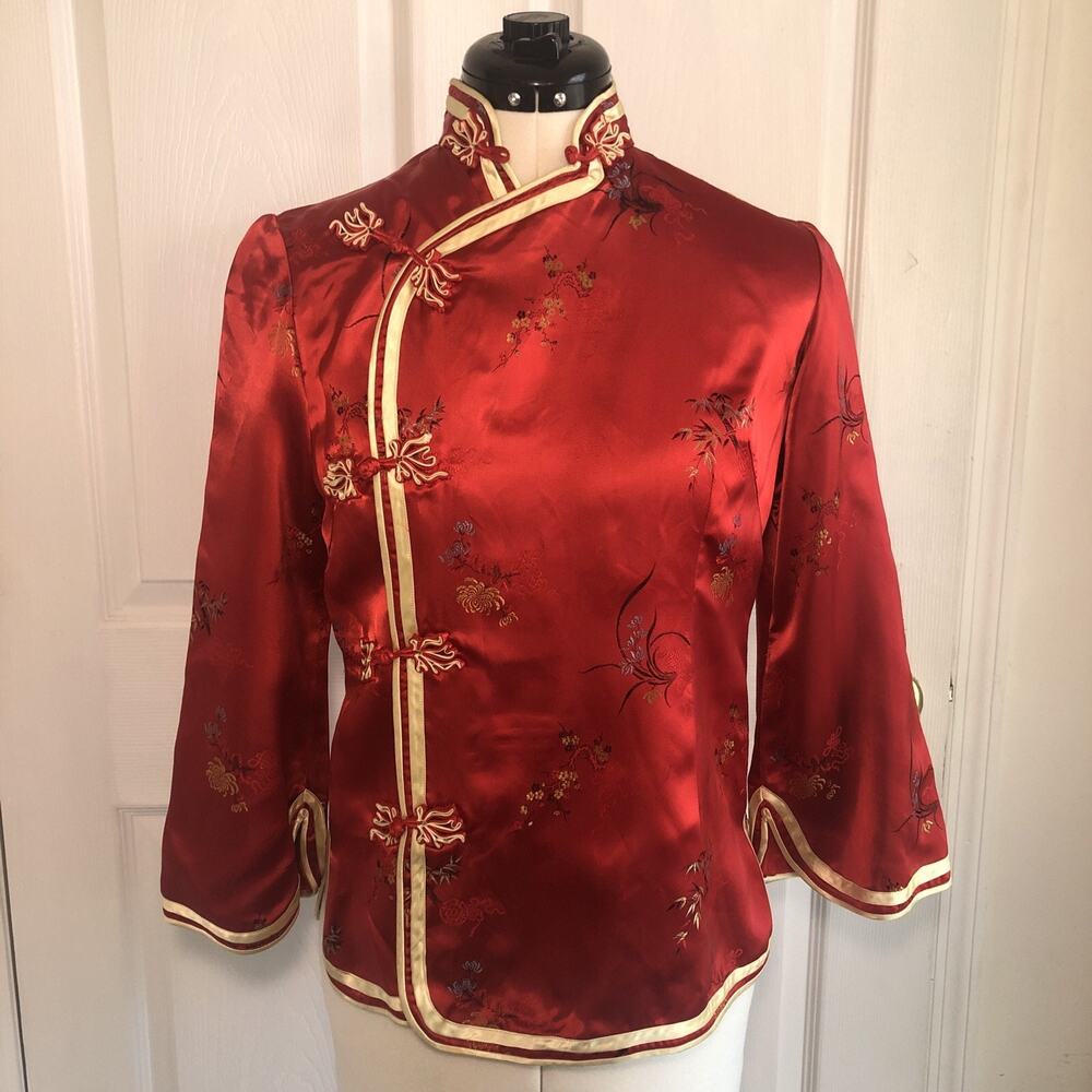 Vtg Satin Silk XS Tang Jacket Cheongsam Qipao blouse Peony Brand Mandarin Collar
